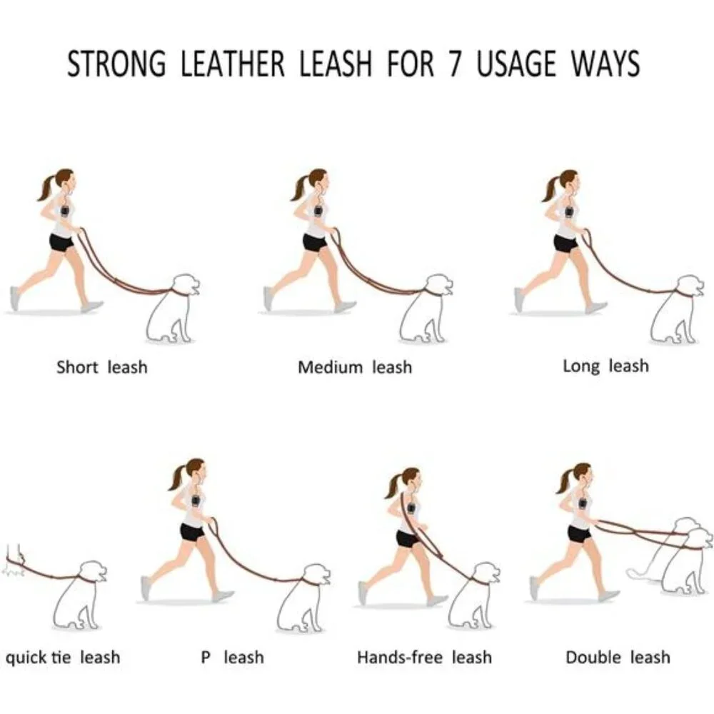Multi Function 8ft Leather Dog Leash, Genuine Leather Hands Free Leash
